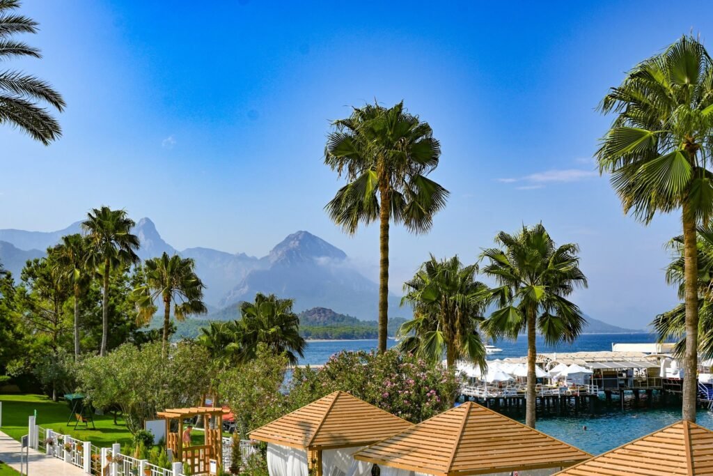 Alanya, palm trees and a seaside resort with mountains in the background under a clear blue sky.