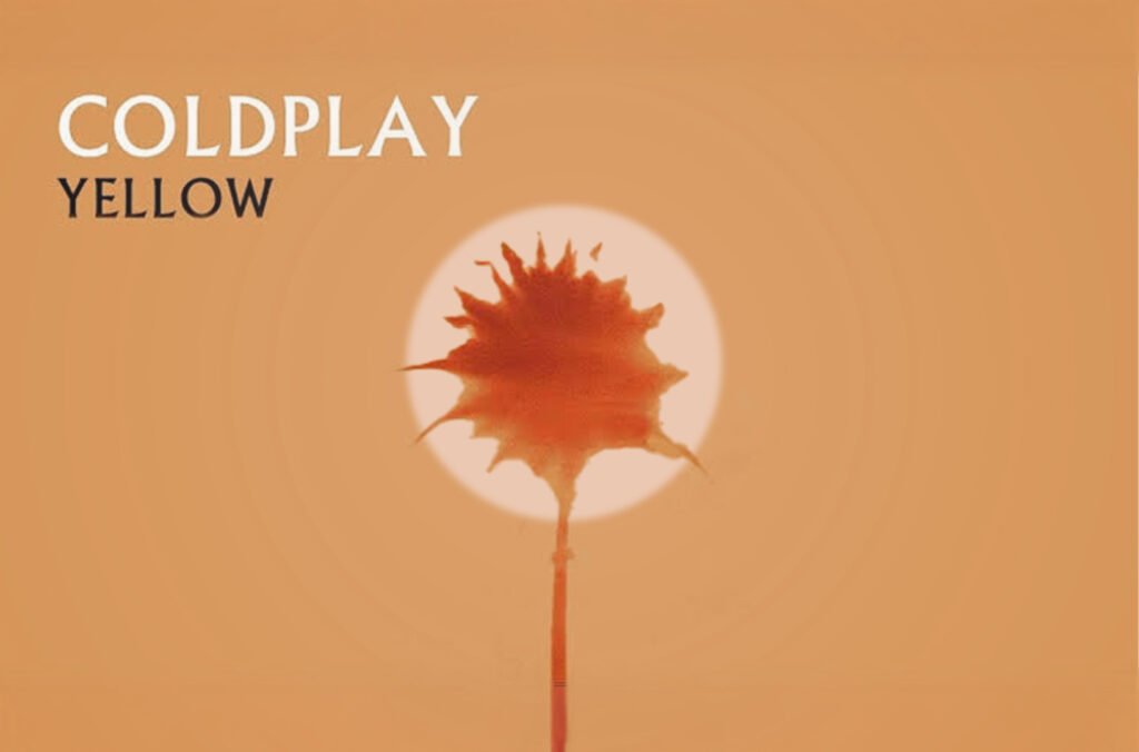 Cover art for Coldplay's single 'Yellow' featuring an abstract orange flower against a glowing sun with a warm, yellow-orange background.
