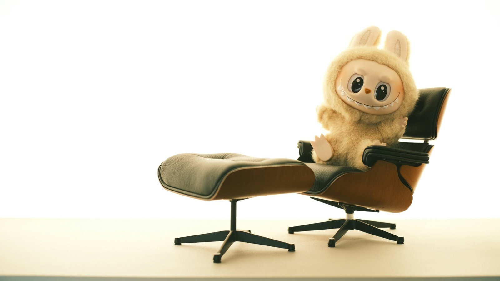 A Labubu doll in a fluffy bunny costume sitting on a modern lounge chair with an ottoman.