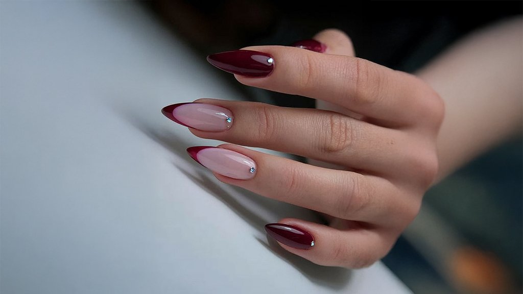 Wine French tips with crystal accents