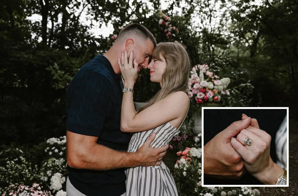Taylor Swift and Travis Kelce embrace in a garden filled with flowers, showing her engagement ring. An inset close-up highlights the diamond ring on her hand.
