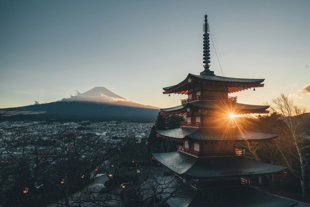 Chureito Pagoda in Japan with Mount Fuji in the background at sunset